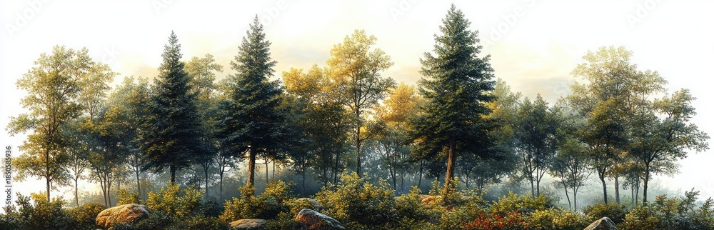Fototapeta premium Sunlit mixed forest with tall pine and deciduous trees, morning mist drifting among trunks, rocky undergrowth and wildflowers creating a peaceful tranquil mood