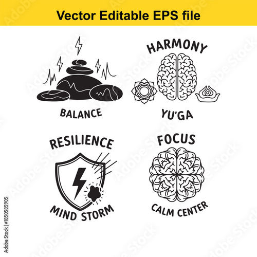  vector editable eps file with various mindfulness and wellness icons including balance, harmony, yoga, focus, resilience, calm center, and mind storm