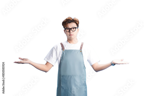 Uncertainty Expression: A person wearing glasses and apron, stands with open palms, expressing uncertainty or a lack of knowledge, emphasizing the importance of open communication and clarity.