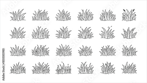 Set of hand-drawn black and white outline grass illustrations and icons

