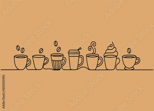 Line drawing of various coffee cups served with different drinks