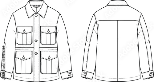 Jacket technical sketch, front back view, fashion cad drawing, button flap pockets, collared neckline, flat vector illustration, garment design