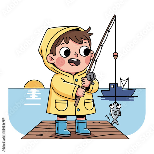 Young boy fishing on dock with excited expression outdoors