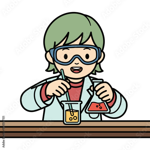 Happy child in lab coat and goggles conducting fun science experiment