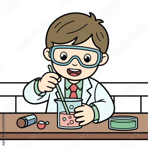 Young boy in lab coat conducting fun science experiment