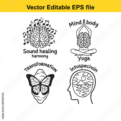  vector editable eps file with four icons representing sound healing harmony, yoga, transformation, and introspection in a simple line art style