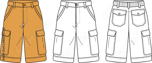 Cargo shorts technical fashion illustration flat sketch, front back view utility pocket shorts vector apparel garment design template mens casual