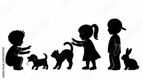 Children interacting with pets and animals in silhouette.
