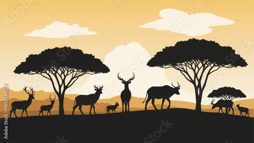 African Wildlife Silhouette Scene at Sunset.