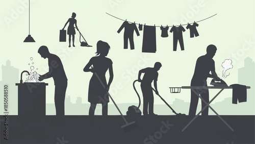 People doing household chores and laundry illustration.