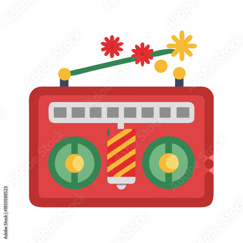 Retro cassette tape player illustration with flowers on background