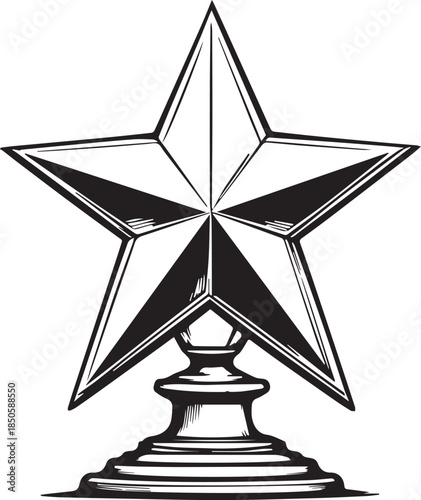 Black and white vector illustration of five-pointed star trophy on pedestal for achievement and recognition
