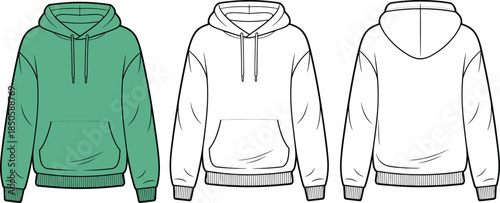 Hoodie sweatshirt vector illustration, front back views, blank oversized apparel mockup, casual hooded sweatshirt design for fashion branding marketing template