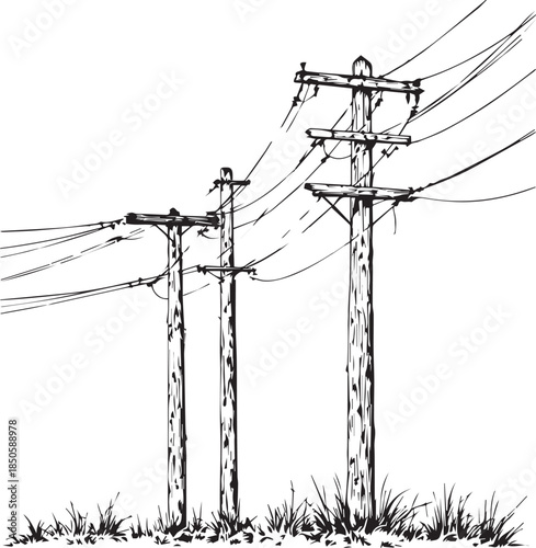 Black and white vector illustration of utility poles with power lines in grassy landscape