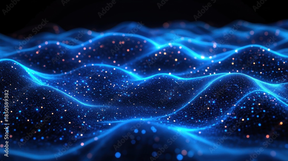 Fototapeta premium Futuristic glowing blue digital wave grid with scattered light particles, serene undulating data landscape and sparkling points
