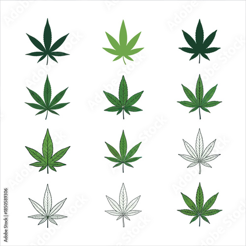 Collection of Cannabis Leaves in Various Shades and Outlines.