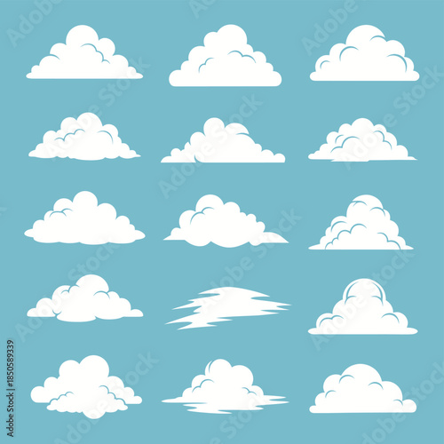 Collection of Cartoon Clouds on Blue Background for Design.