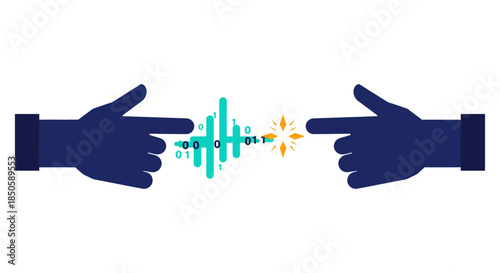 digital handshake concept with two hands touching through binary code connection symbolizing secure data transfer and online collaboration