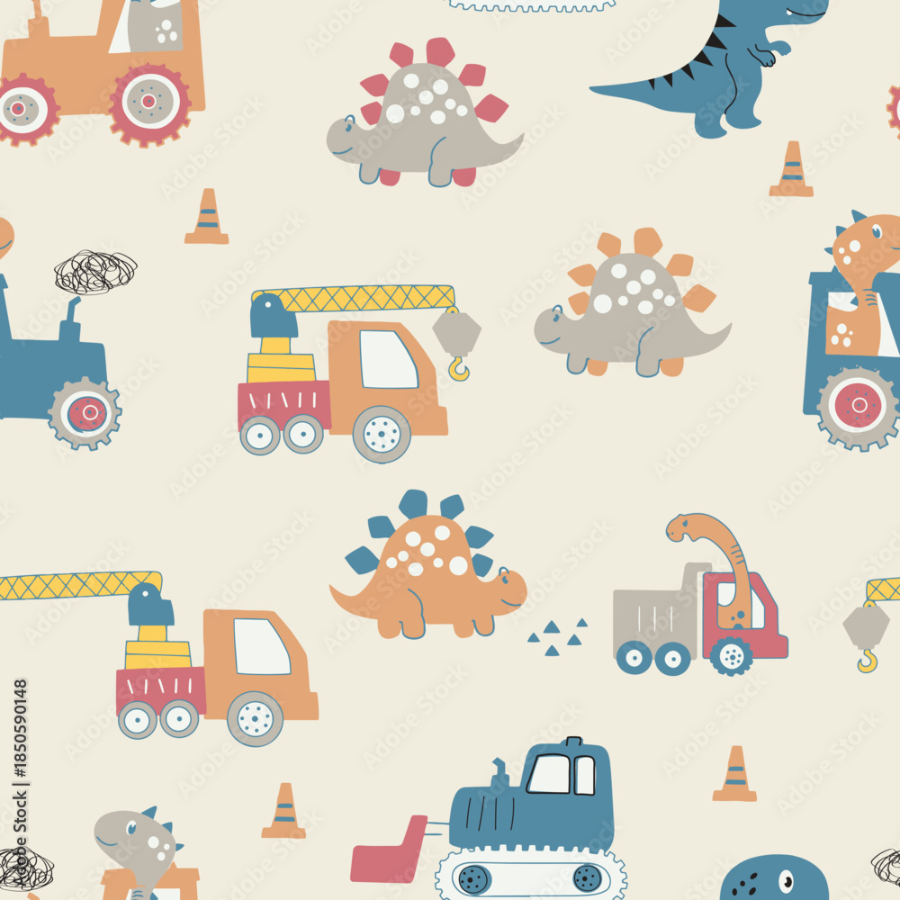 Fototapeta premium Seamless children’s pattern with cute dinosaurs and construction vehicles in pastel colors on a soft beige background. kids textiles, nursery wallpapers, gift wrap, stationery, baby apparel.
