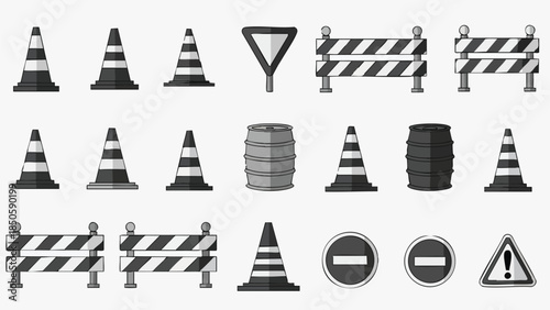 road construction safety signs and barriers set.