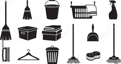 Cleaning tools and supplies in black silhouette
