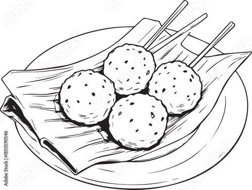 Black and white vector illustration of skewered round snacks on plate with napkin, possibly meatballs or dumplings