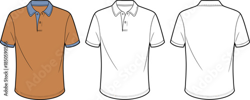 Men polo shirt vector illustration, front back views, blank collared short sleeve apparel mockup for fashion branding template design marketing