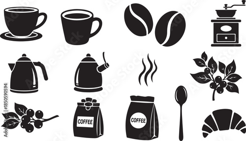Black coffee icons set for design and branding