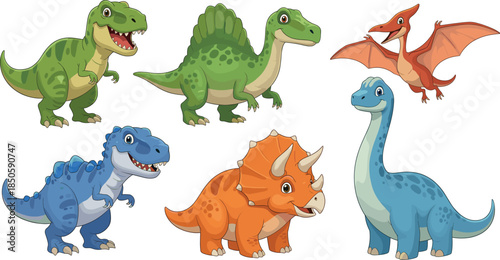 Cute cartoon dinosaur vector collection with Tyrannosaurus Rex Triceratops Brachiosaurus and Pterodactyl characters for children's educational books prehistoric nature and nursery wall art.