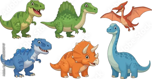 Fototapeta Cute cartoon dinosaur vector collection with Tyrannosaurus Rex Triceratops Brachiosaurus and Pterodactyl characters for children's educational books prehistoric nature and nursery wall art.