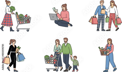 Shopping people vector set with families and individuals carrying grocery bags using carts and online payment with laptop for retail marketing.