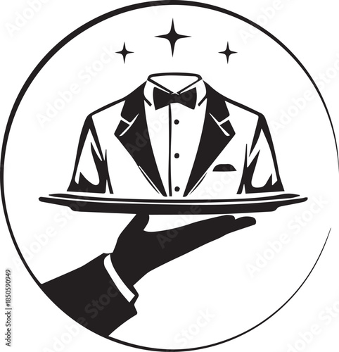 Black and white vector illustration of tuxedo on tray with sparkles, symbolizing luxury service and elegance