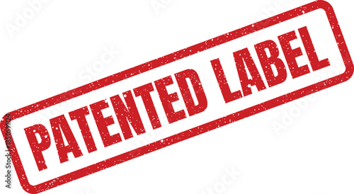 Distressed rubber stamp label indicating patented status for intellectual property rights and product identification