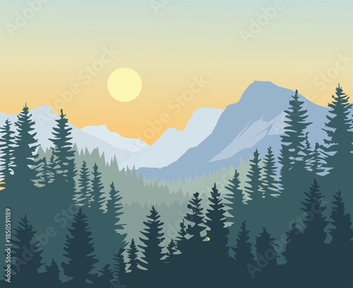 winter mountain with trees landscape illustration