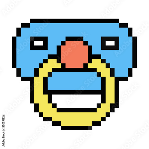 Pixel baby pacifier vector for parenting apps and retro games. Ideal for symbolizing childcare, newborns, soothing accessories, and cute infant items.
