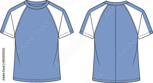 Raglan sleeve t shirt front and back view vector illustration, sporty apparel mockup template isolated on white background design fashion