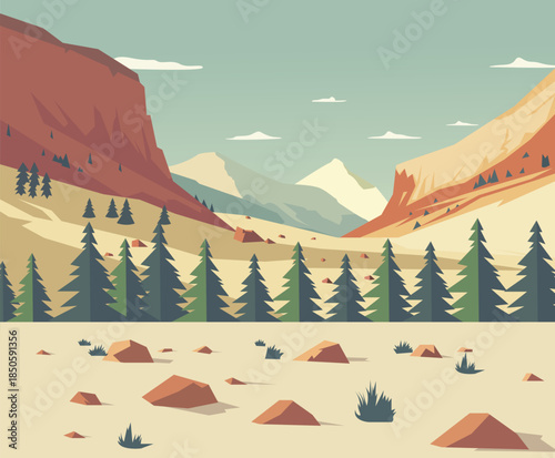 vector illustration of desert mountain with trees landscape