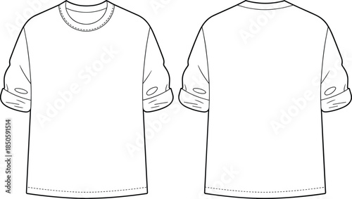 Rolled sleeve t shirt front and back view vector illustration, casual apparel mockup template isolated on white background design fashion