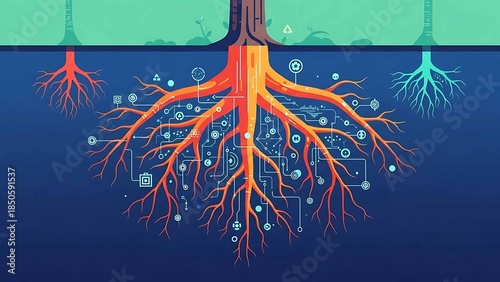 digital transformation concept illustration of tree roots merging with data networks underground symbolizing innovation and system growth