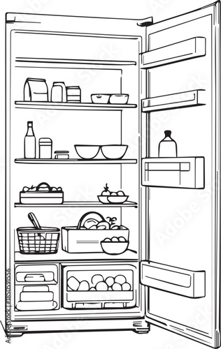 Black and white vector illustration of open refrigerator with shelves, food containers, fruits, and bottles