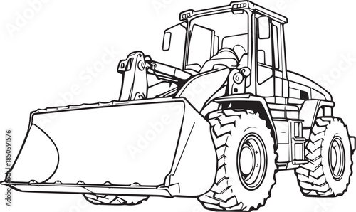 Black and white vector illustration of front-end loader with bucket, cabin, tires, and hydraulic arms