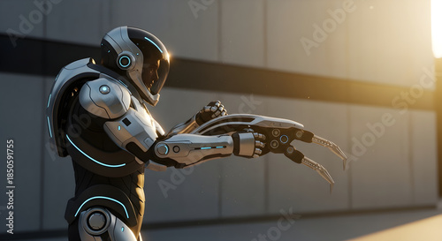 Futuristic Robot in Urban Scene with Clawed Hands Extending