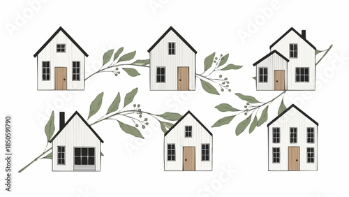 Charming Collection of Hand-Drawn Houses with Botanical Elements.