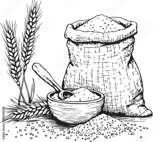 Black and white vector illustration of flour sack, bowl with spoon, and wheat stalks in rustic sketch style