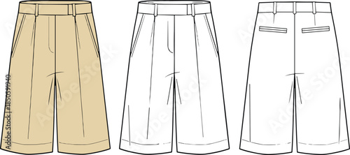 Wide leg trousers technical fashion illustration flat sketch, front back view high waist pleated pants vector apparel design template garment