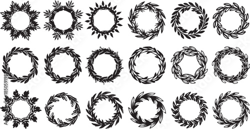 Collection of elegant black laurel wreaths for designs