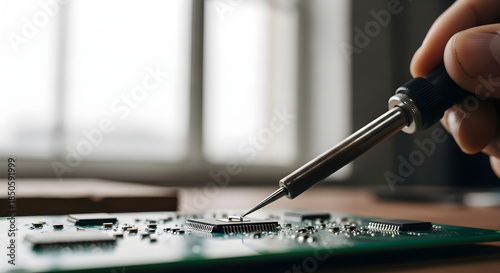 Technician Assembling Microchip with Soldering Iron on Green Circuit Board