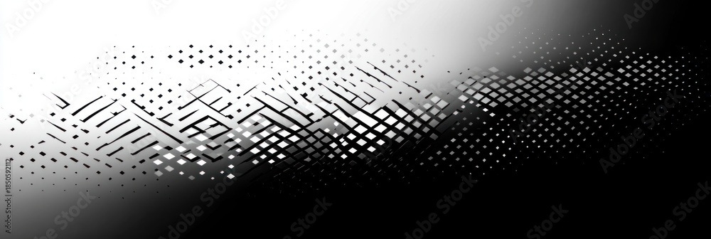 custom made wallpaper toronto digitalBlack and white abstract widescreen composition with fragmented diagonal grid of squares, diamonds and halftone dots, high-contrast gradient conveying dynamic motion and modern tension