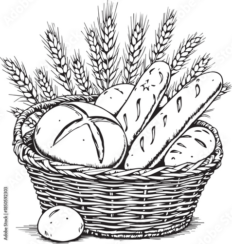 Black and white vector illustration of bread basket with assorted loaves, wheat stalks, and rustic texture
