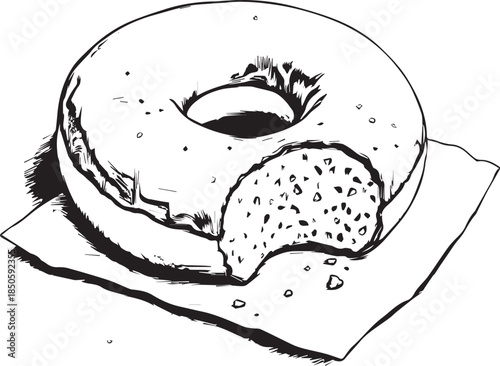 Black and white vector illustration of bitten donut on napkin with crumbs and textured interior detail